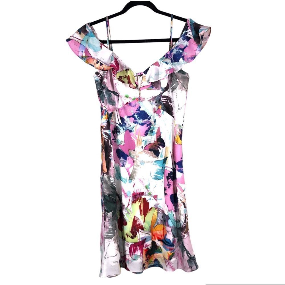 Black Halo Lolah Floral Slip Dress Cold Shoulder Ruffle Butterfly Garden Print 6